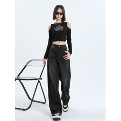 拉夏貝爾黑灰色濶腿牛仔褲女2026新爆款春季高腰直筒寬鬆小個子褲