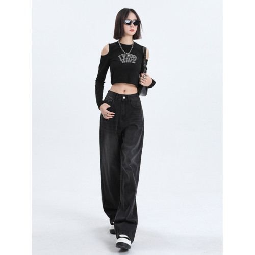 拉夏貝爾黑灰色濶腿牛仔褲女2026新爆款春季高腰直筒寬鬆小個子褲 拉夏貝爾黑灰色濶腿牛仔褲女2026新爆款春季高腰直筒寬鬆小個子褲