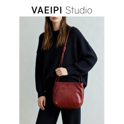 VAEIPI復古風頭層植鞣牛皮馬鞍包手提包墩墩包Hobo單肩斜背半圓包