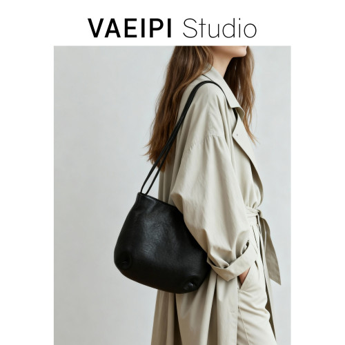 VAEIPI復古風頭層植鞣牛皮馬鞍包手提包墩墩包Hobo單肩斜背半圓包