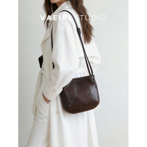 VAEIPI復古風頭層植鞣牛皮馬鞍包手提包墩墩包Hobo單肩斜背半圓包