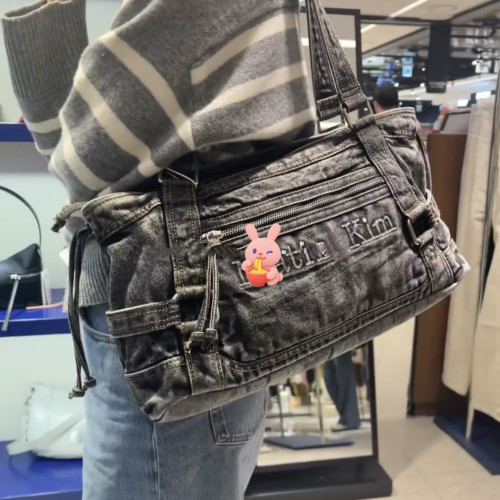 韓國Matin 牛仔包XU李松河同款kim單肩腋下包復古做舊托特包包女