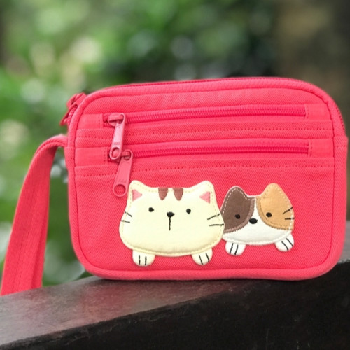可愛啵啵貓咪 LB25-014 小零錢包多口袋收納包純棉布帆布卡片包