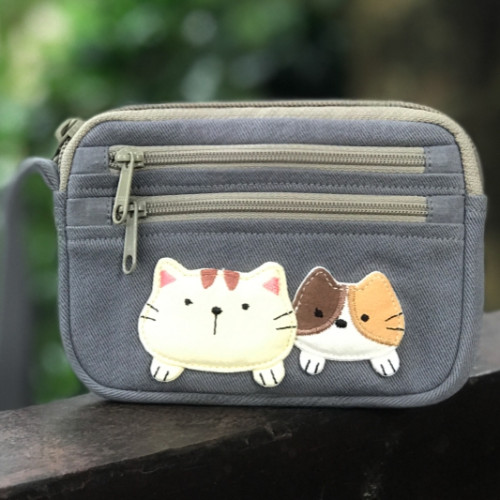 可愛啵啵貓咪 LB25-014 小零錢包多口袋收納包純棉布帆布卡片包