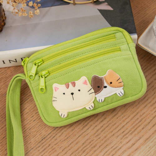 可愛啵啵貓咪 LB25-014 小零錢包多口袋收納包純棉布帆布卡片包