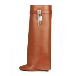 2023新款歐美秋冬新款鎖釦坡跟女士靴高跟尖頭一腳蹬女靴