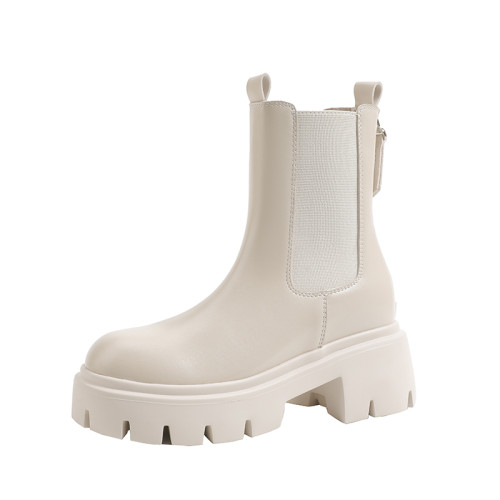 松糕厚底小個子內增高切爾西短靴秋冬加絨英倫風復古白色菸筒靴女