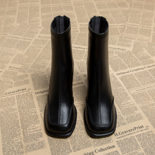 高級感方頭粗跟短靴女2026秋冬季新款法式爆款高跟小踝靴切爾西靴