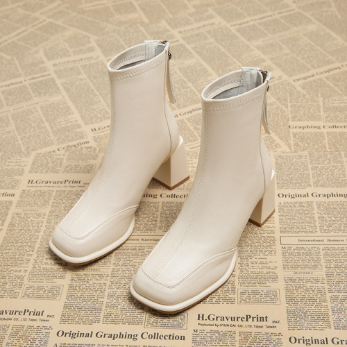 高級感方頭粗跟短靴女2026秋冬季新款法式爆款高跟小踝靴切爾西靴