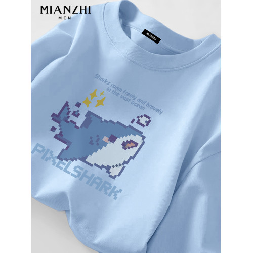 棉致小鯊魚淡藍色長袖t恤男春秋卡通青少年大碼寬鬆潮牌情侶上衣 棉致小鯊魚淡藍色長袖t恤男春秋卡通青少年大碼寬鬆潮牌情侶上衣