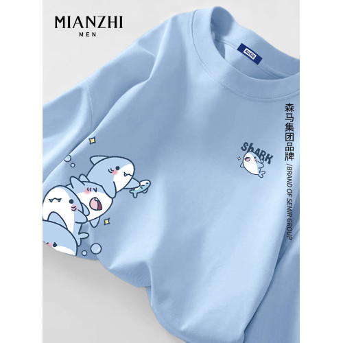 棉致小鯊魚淡藍色長袖t恤男春秋卡通青少年大碼寬鬆潮牌情侶上衣 棉致小鯊魚淡藍色長袖t恤男春秋卡通青少年大碼寬鬆潮牌情侶上衣
