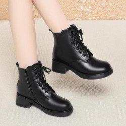 真皮馬丁靴女短靴加絨加厚中跟冬季惠州羊毛靴子防滑軟底棉鞋大碼