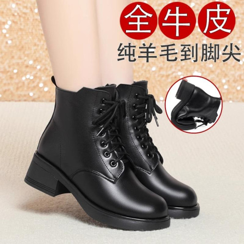 真皮馬丁靴女短靴加絨加厚中跟冬季惠州羊毛靴子防滑軟底棉鞋大碼