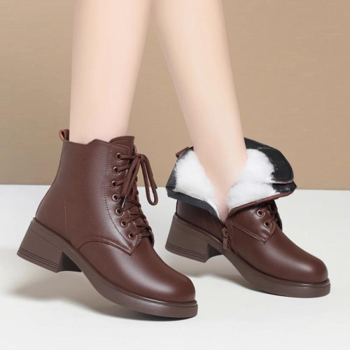 真皮馬丁靴女短靴加絨加厚中跟冬季惠州羊毛靴子防滑軟底棉鞋大碼