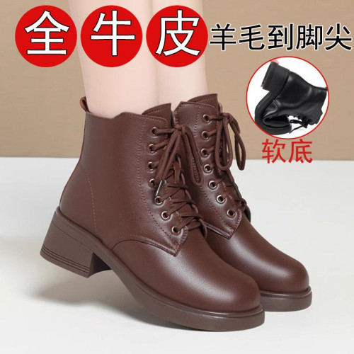 真皮馬丁靴女短靴加絨加厚中跟冬季惠州羊毛靴子防滑軟底棉鞋大碼