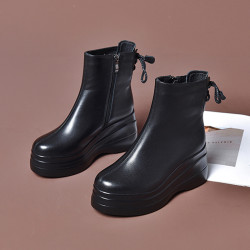 爆款短靴女秋冬季新款加絨加厚皮鞋真皮厚底增高靴子高跟馬丁靴潮