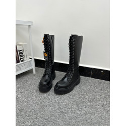 歐洲純原 機車風黑色高筒靴女圓頭厚底系帶百搭側拉鍊時尚馬丁靴