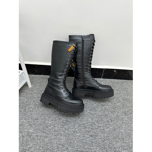 歐洲純原 機車風黑色高筒靴女圓頭厚底系帶百搭側拉鍊時尚馬丁靴