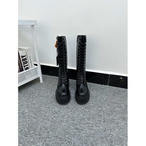 歐洲純原 機車風黑色高筒靴女圓頭厚底系帶百搭側拉鍊時尚馬丁靴