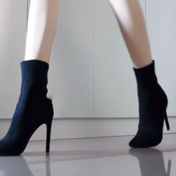 2025秋季新款高跟長筒靴過膝長靴女瘦瘦靴粗跟絨面高筒彈力靴尖頭