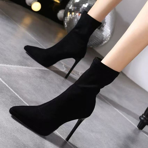 2025秋季新款高跟長筒靴過膝長靴女瘦瘦靴粗跟絨面高筒彈力靴尖頭