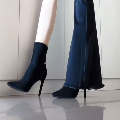2025秋季新款高跟長筒靴過膝長靴女瘦瘦靴粗跟絨面高筒彈力靴尖頭