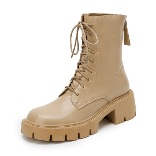 內增高短靴系帶粗跟厚底防水台馬丁靴小個子8CM真皮高跟秋冬單靴