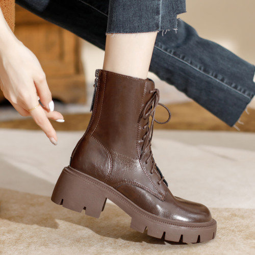 內增高短靴系帶粗跟厚底防水台馬丁靴小個子8CM真皮高跟秋冬單靴