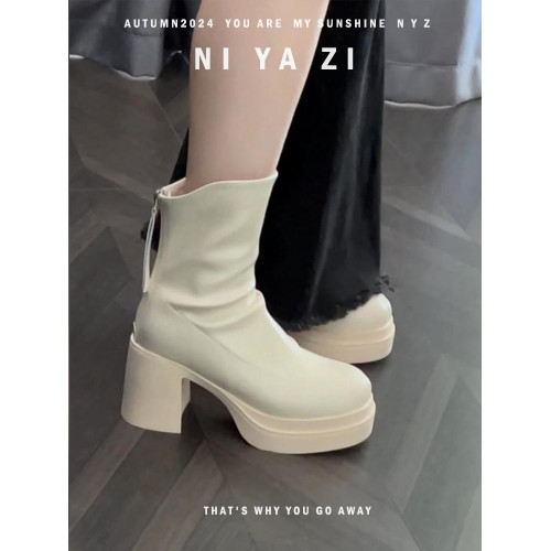 雙層防水台厚底圓頭短靴女粗跟小個子秋冬米白色靴子馬丁靴女7cm 雙層防水台厚底圓頭短靴女粗跟小個子秋冬米白色靴子馬丁靴女7cm