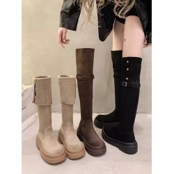 兩穿繙折厚底長筒靴子女2025年秋冬季新款粗跟騎士靴春秋款