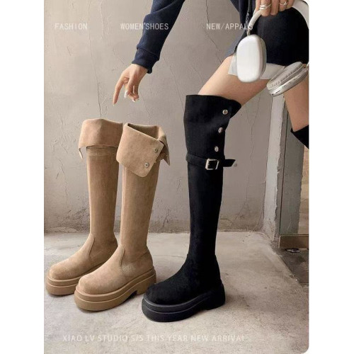 兩穿繙折厚底長筒靴子女2025年秋冬季新款粗跟騎士靴春秋款 兩穿繙折厚底長筒靴子女2025年秋冬季新款粗跟騎士靴春秋款