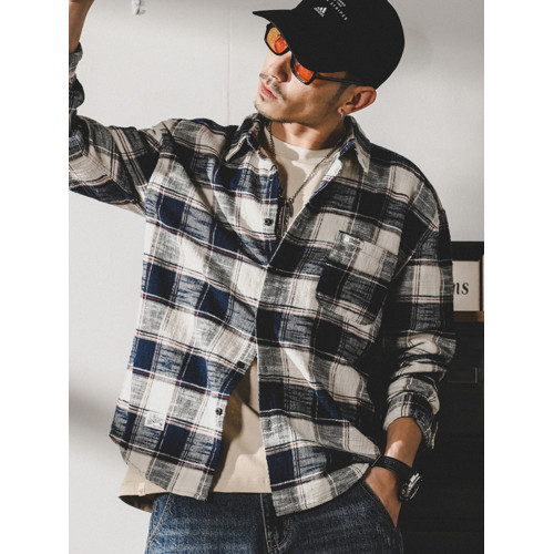 美式復古色織格子襯衫男長袖寬鬆潮牌春季日系襯衣男士春秋款外套