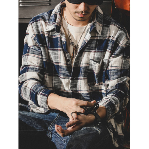 美式復古色織格子襯衫男長袖寬鬆潮牌春季日系襯衣男士春秋款外套