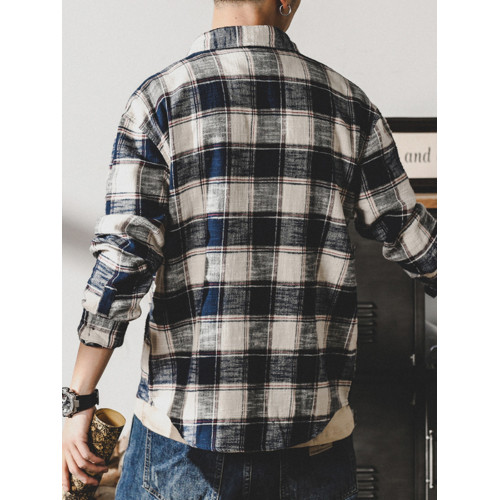 美式復古色織格子襯衫男長袖寬鬆潮牌春季日系襯衣男士春秋款外套