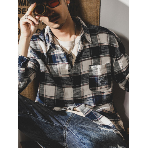 美式復古色織格子襯衫男長袖寬鬆潮牌春季日系襯衣男士春秋款外套