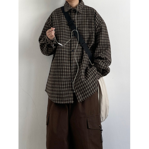 日系復古學院風細格子襯衫男女春秋cityboy寬鬆休閒工裝襯衣外套 日系復古學院風細格子襯衫男女春秋cityboy寬鬆休閒工裝襯衣外套