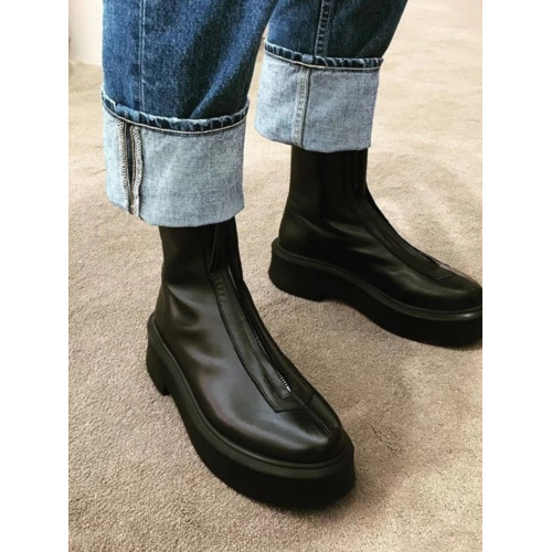 劉雯同款厚底真皮前拉鍊馬丁靴英倫風顯瘦增高松糕底切爾西短靴女