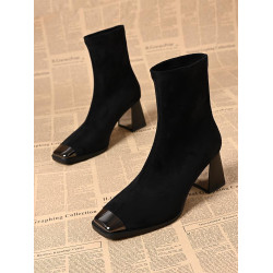 品牌真皮防踢鐵頭粗跟短靴女秋冬季新款方頭時尚百搭瘦瘦靴彈力靴