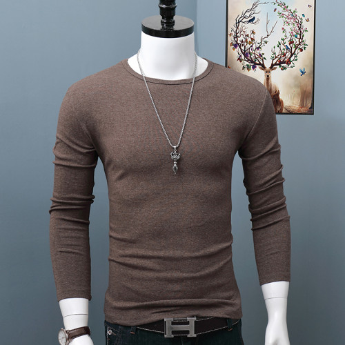 秋冬季純棉圓領長袖t恤男士大碼修身純色簡約內搭打底衫青年秋衣