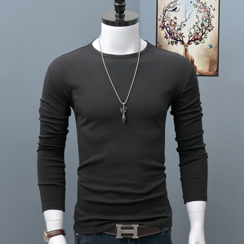 秋冬季純棉圓領長袖t恤男士大碼修身純色簡約內搭打底衫青年秋衣