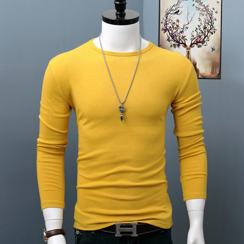 秋冬季純棉圓領長袖t恤男士大碼修身純色簡約內搭打底衫青年秋衣