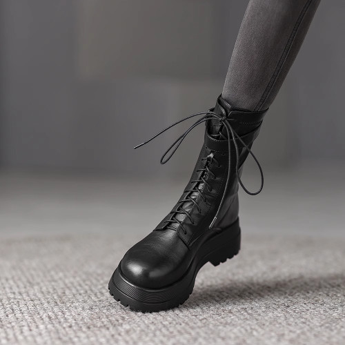 圓頭厚底中筒靴增高英倫風機車馬丁靴女款2026新款騎士靴系帶短靴 圓頭厚底中筒靴增高英倫風機車馬丁靴女款2026新款騎士靴系帶短靴