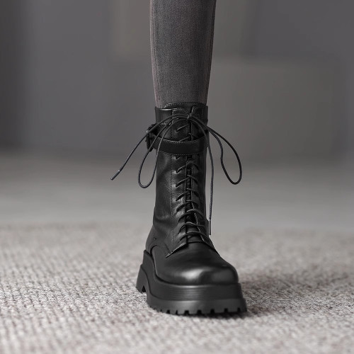 圓頭厚底中筒靴增高英倫風機車馬丁靴女款2026新款騎士靴系帶短靴 圓頭厚底中筒靴增高英倫風機車馬丁靴女款2026新款騎士靴系帶短靴