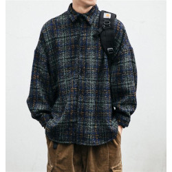 日系復古春秋毛呢潮牌格子襯衫男長袖襯衣潮流情侶百搭休閒外套潮