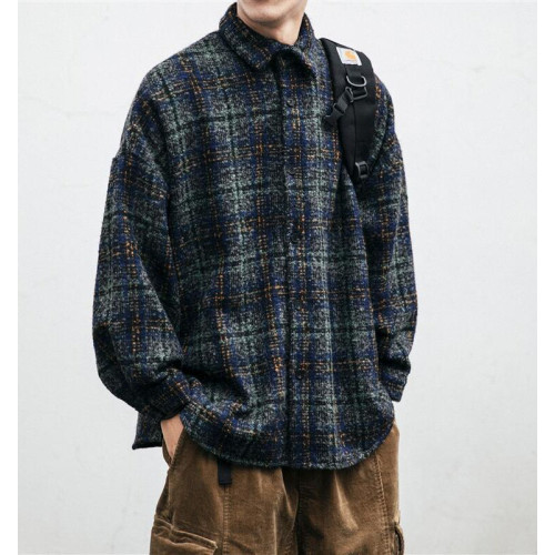 日系復古春秋毛呢潮牌格子襯衫男長袖襯衣潮流情侶百搭休閒外套潮