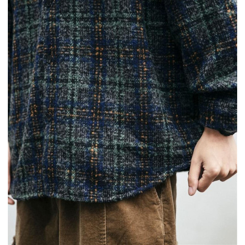 日系復古春秋毛呢潮牌格子襯衫男長袖襯衣潮流情侶百搭休閒外套潮