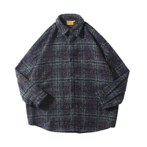 日系復古春秋毛呢潮牌格子襯衫男長袖襯衣潮流情侶百搭休閒外套潮