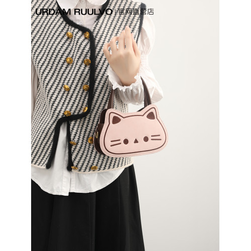 UR可愛卡通貓咪馬鞍包女2025新款小衆設計粉色精緻迷你手提斜後後背包