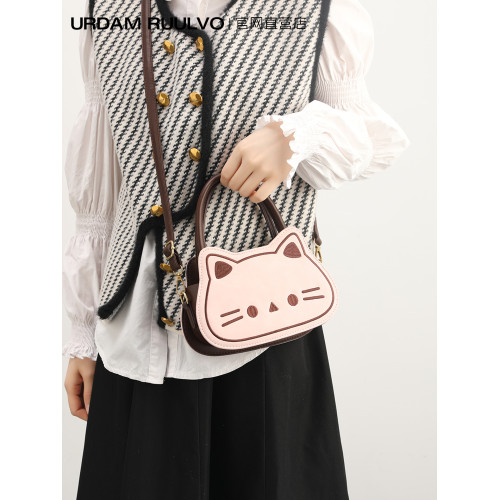 UR可愛卡通貓咪馬鞍包女2025新款小衆設計粉色精緻迷你手提斜後後背包