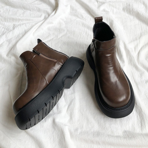 復古英倫風雙拉鍊馬丁靴女2025新款秋冬巨好看小個子厚底加絨短靴